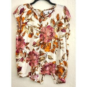 Top/Blouse-Nicole Miller-Linen-Fall Floral Colors-Button Back-Short Sleeves-LRG